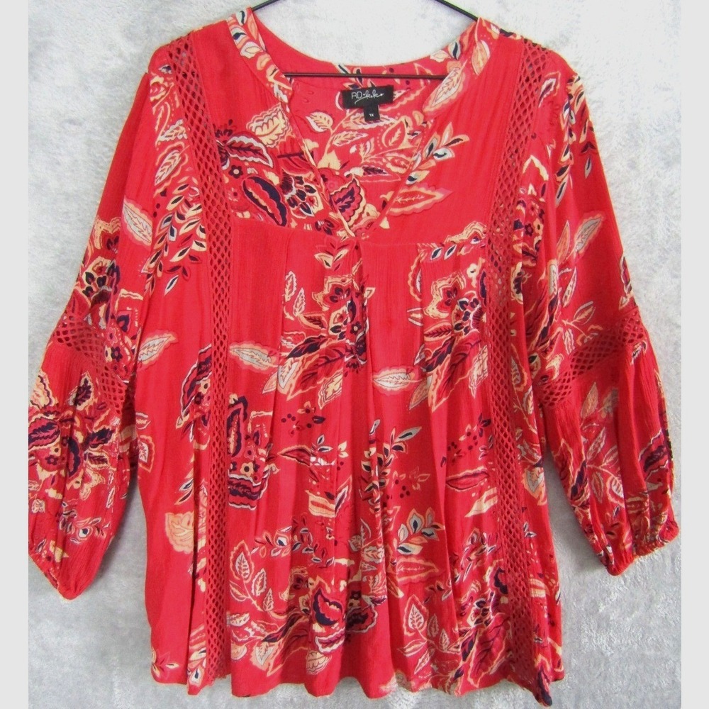 RD KOKO Red Floral Print Lace Inset Peasant Blouse Top 1X